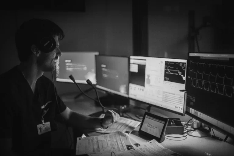 Sloan Senofsky works at the simulation control room console at the UCLA Simulation Center