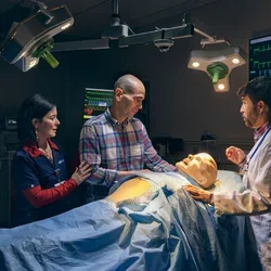 Yvonne Caro Caro performs a simulation with a mannequin and two other actors 